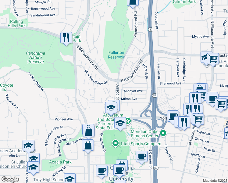 map of restaurants, bars, coffee shops, grocery stores, and more near 2134 Rockridge Court in Fullerton