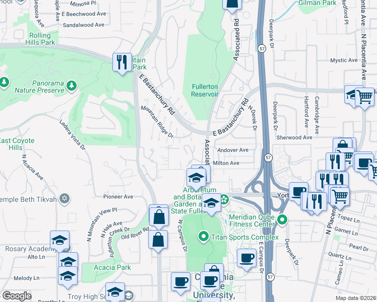 map of restaurants, bars, coffee shops, grocery stores, and more near 2400 Mountain Ridge Drive in Fullerton