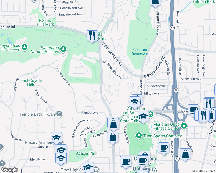 map of restaurants, bars, coffee shops, grocery stores, and more near 2035 Vista Del Rosa in Fullerton