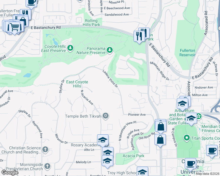 map of restaurants, bars, coffee shops, grocery stores, and more near 1813 Ladera Vista Place in Fullerton