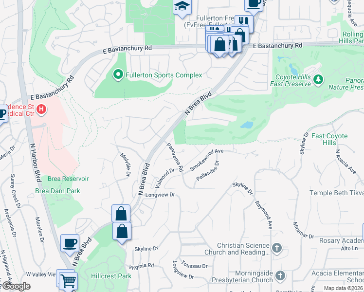 map of restaurants, bars, coffee shops, grocery stores, and more near 2017 Driftwood Drive in Fullerton
