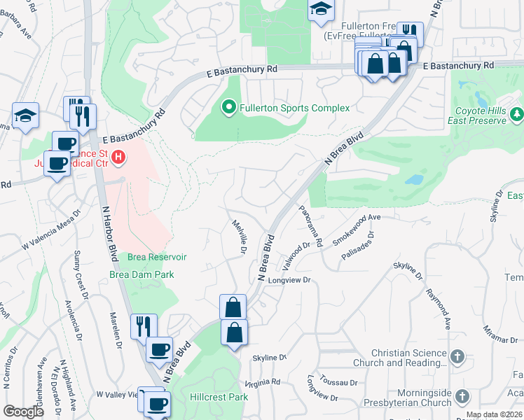 map of restaurants, bars, coffee shops, grocery stores, and more near 1955 Lexington Drive in Fullerton