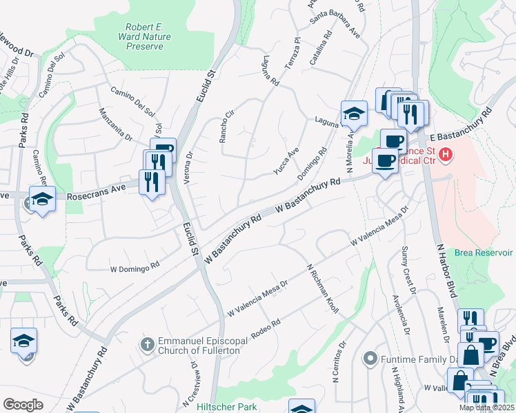 map of restaurants, bars, coffee shops, grocery stores, and more near 2031 Domingo Road in Fullerton