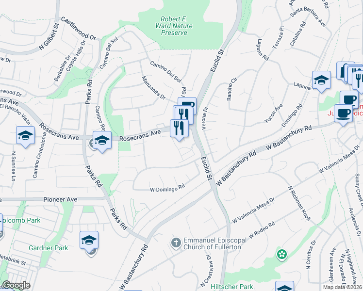 map of restaurants, bars, coffee shops, grocery stores, and more near 1901 North Euclid Street in Fullerton