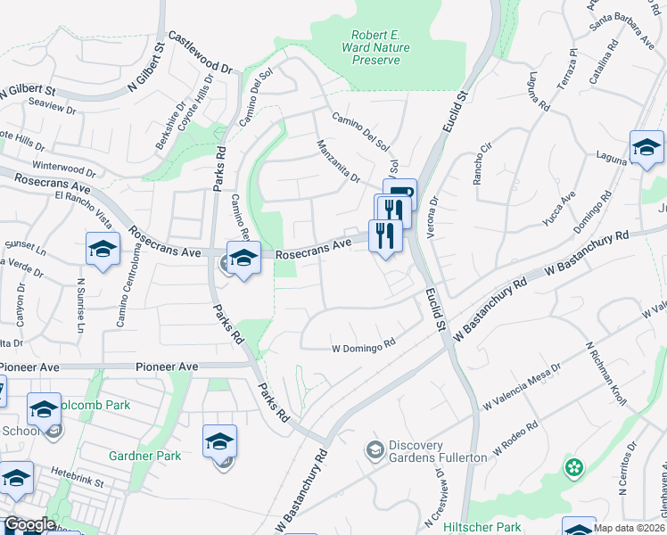 map of restaurants, bars, coffee shops, grocery stores, and more near 1836 Camino La Vista in Fullerton