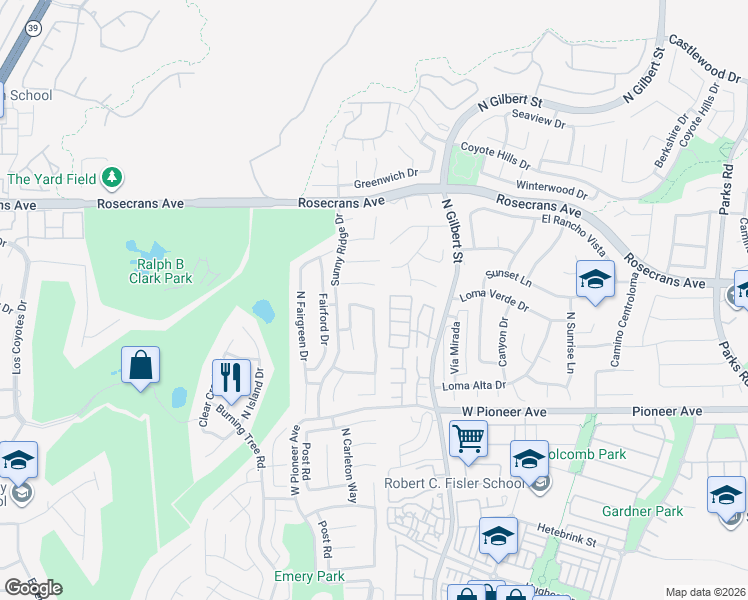 map of restaurants, bars, coffee shops, grocery stores, and more near 2516 Royale Place in Fullerton