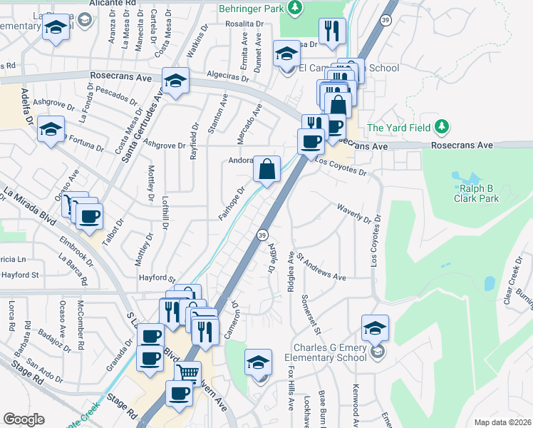 map of restaurants, bars, coffee shops, grocery stores, and more near in Buena Park