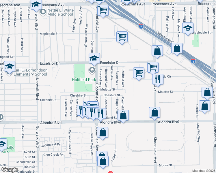 map of restaurants, bars, coffee shops, grocery stores, and more near 15309 Wilder Avenue in Norwalk
