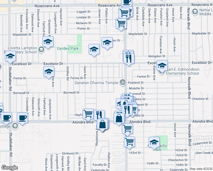 map of restaurants, bars, coffee shops, grocery stores, and more near 15217 Jersey Avenue in Norwalk