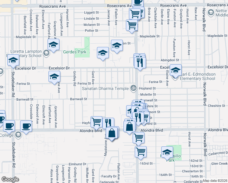 map of restaurants, bars, coffee shops, grocery stores, and more near 15217 Jersey Avenue in Norwalk