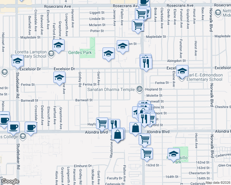map of restaurants, bars, coffee shops, grocery stores, and more near 15217 Jersey Avenue in Norwalk