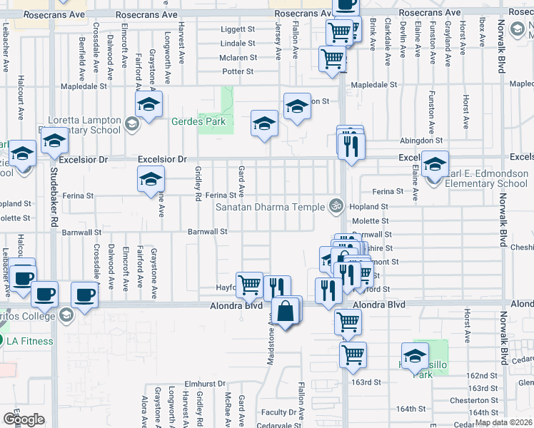 map of restaurants, bars, coffee shops, grocery stores, and more near 15216 Roseton Avenue in Norwalk