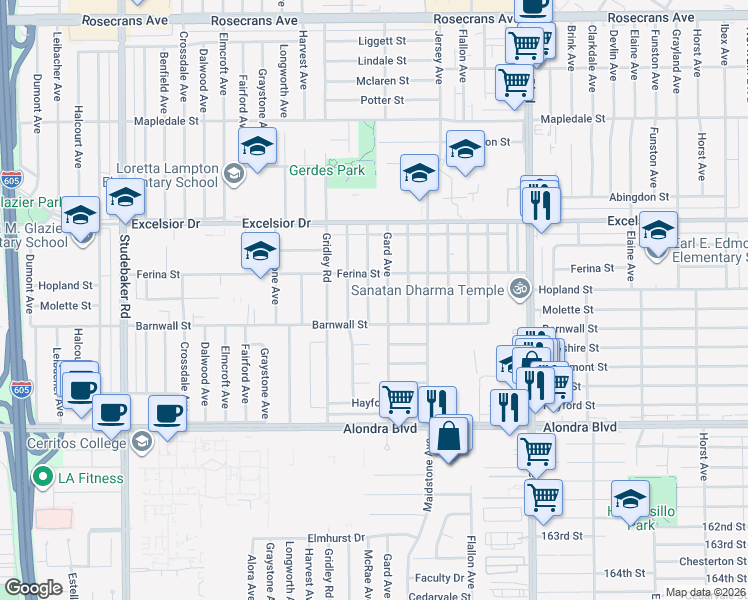 map of restaurants, bars, coffee shops, grocery stores, and more near 15217 Gard Avenue in Norwalk