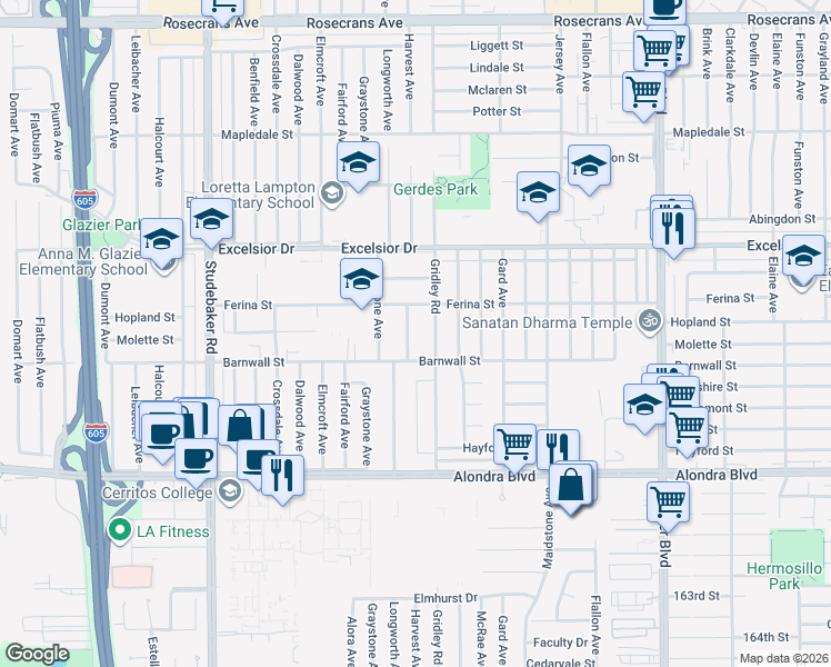 map of restaurants, bars, coffee shops, grocery stores, and more near 15216 Harvest Avenue in Norwalk