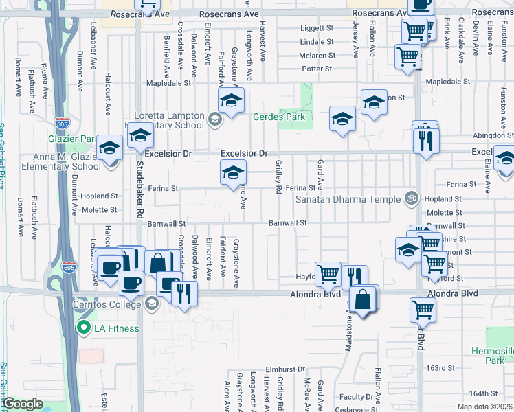 map of restaurants, bars, coffee shops, grocery stores, and more near 15216 Harvest Avenue in Norwalk
