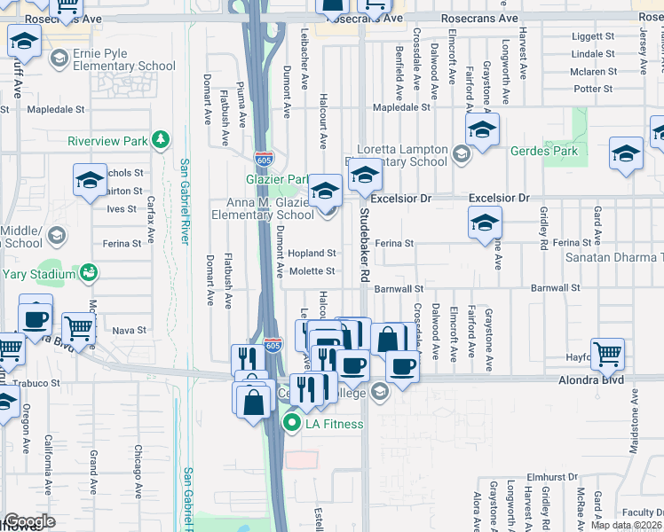 map of restaurants, bars, coffee shops, grocery stores, and more near 10938 Hopland Street in Norwalk