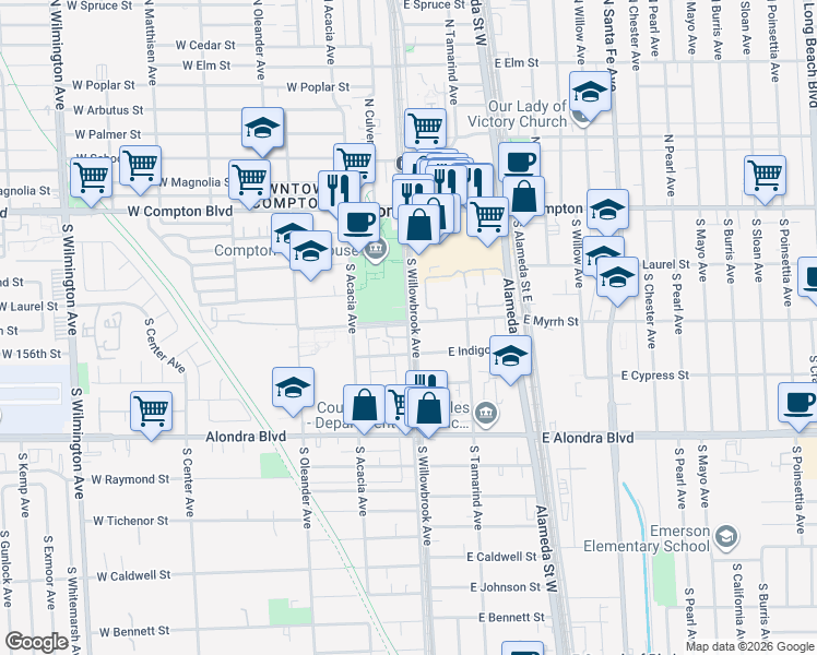 map of restaurants, bars, coffee shops, grocery stores, and more near in Compton