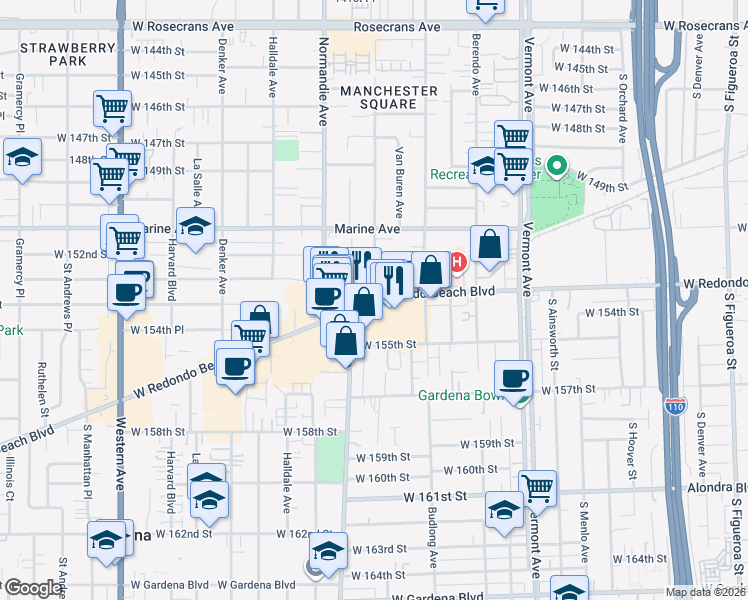 map of restaurants, bars, coffee shops, grocery stores, and more near 15303 South Raymond Avenue in Gardena