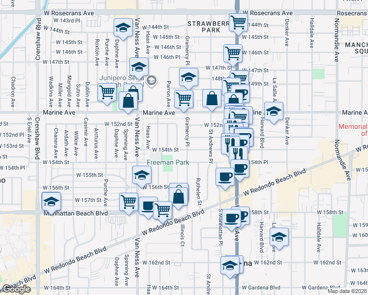 map of restaurants, bars, coffee shops, grocery stores, and more near 15312 Wilton Place in Gardena