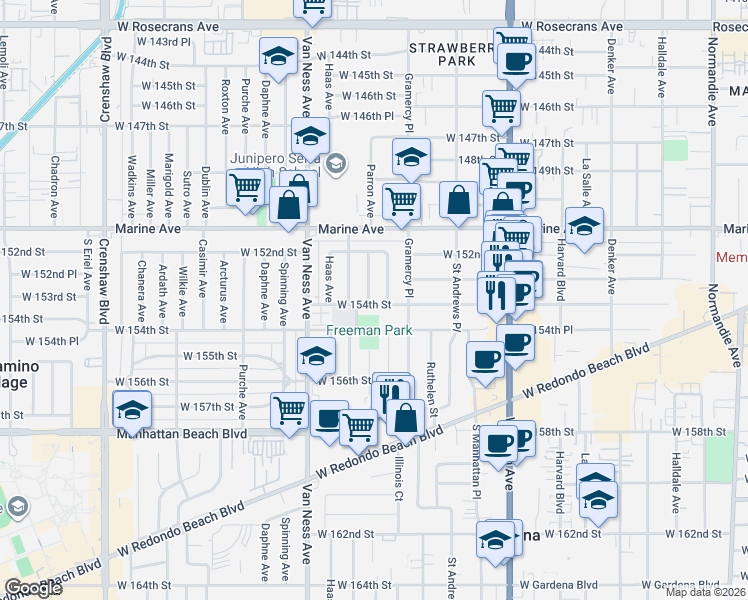 map of restaurants, bars, coffee shops, grocery stores, and more near 15313 Parron Avenue in Gardena