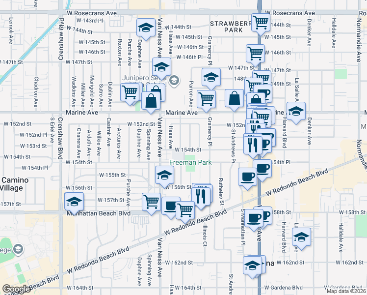 map of restaurants, bars, coffee shops, grocery stores, and more near 15313 Parron Avenue in Gardena