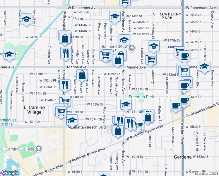 map of restaurants, bars, coffee shops, grocery stores, and more near 15243 Daphne Avenue in Gardena