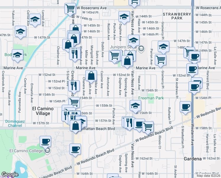 map of restaurants, bars, coffee shops, grocery stores, and more near 15243 Arcturus Avenue in Gardena