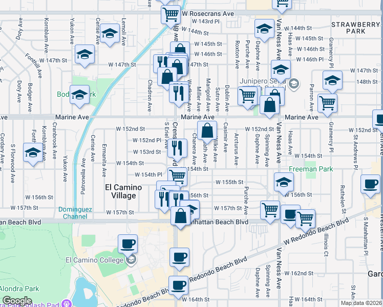 map of restaurants, bars, coffee shops, grocery stores, and more near 15247 Ardath Avenue in Gardena