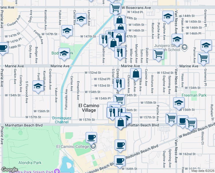 map of restaurants, bars, coffee shops, grocery stores, and more near 3123 West 153rd Street in Gardena