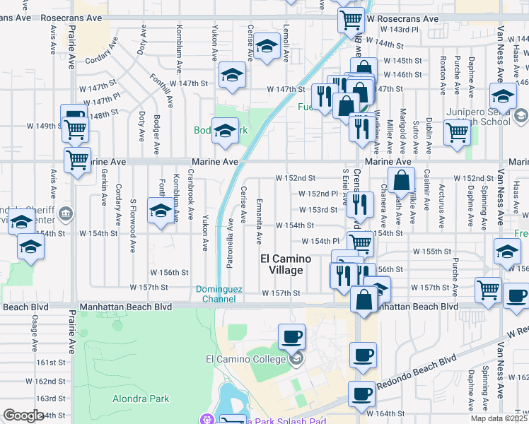 map of restaurants, bars, coffee shops, grocery stores, and more near 15309 Faysmith Avenue in Gardena