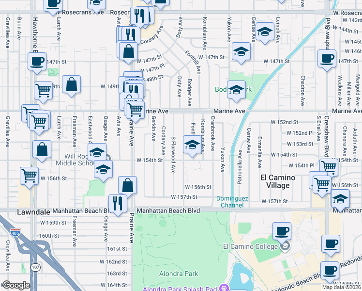 map of restaurants, bars, coffee shops, grocery stores, and more near 15229 Doty Avenue in Lawndale