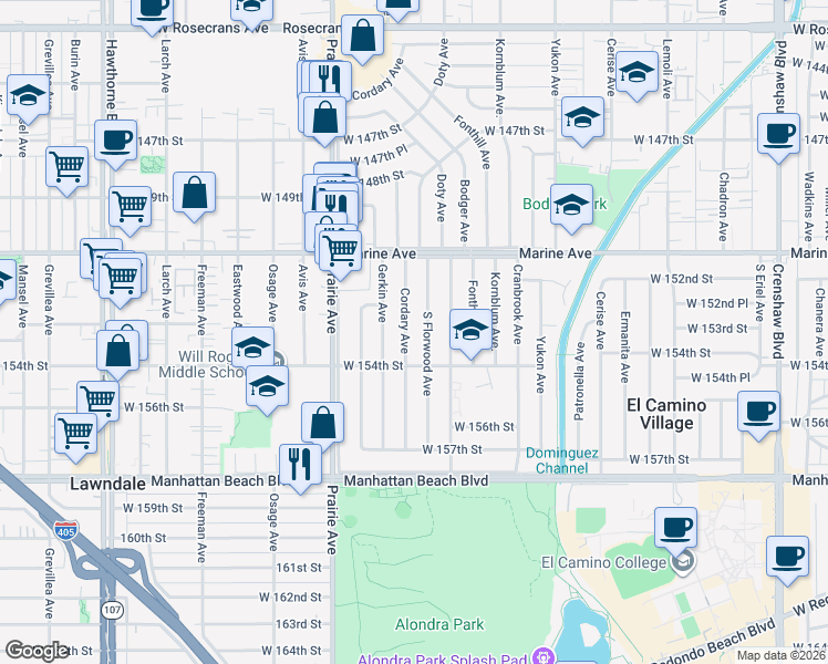 map of restaurants, bars, coffee shops, grocery stores, and more near 15229 Cordary Avenue in Lawndale
