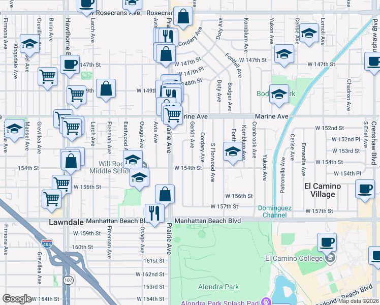 map of restaurants, bars, coffee shops, grocery stores, and more near 15252 Roselle Avenue in Lawndale