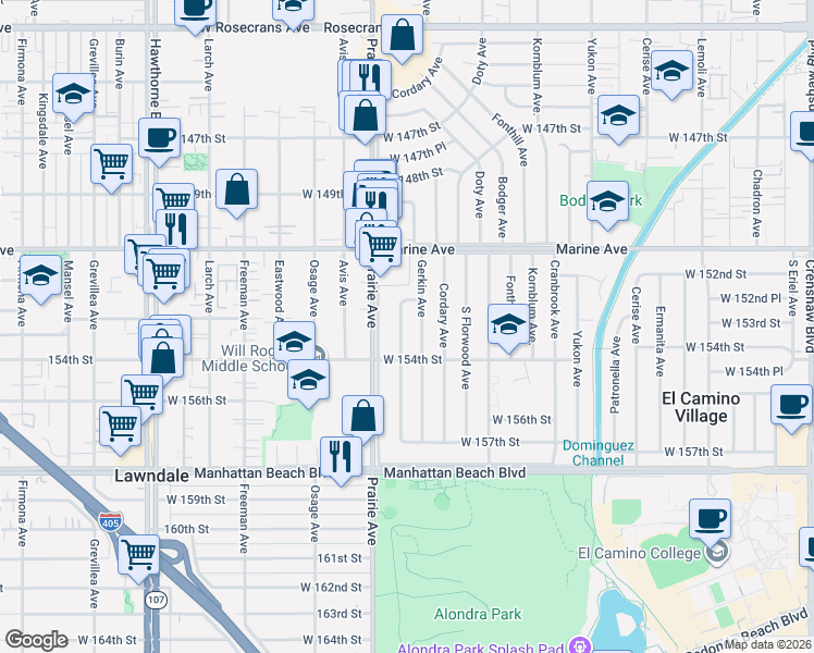 map of restaurants, bars, coffee shops, grocery stores, and more near 15252 Roselle Avenue in Lawndale