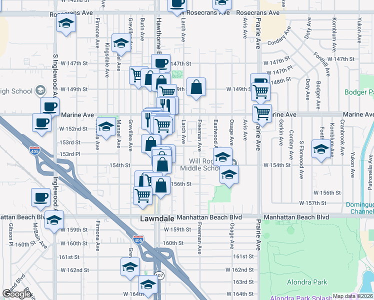 map of restaurants, bars, coffee shops, grocery stores, and more near 4231 153rd Street in Lawndale