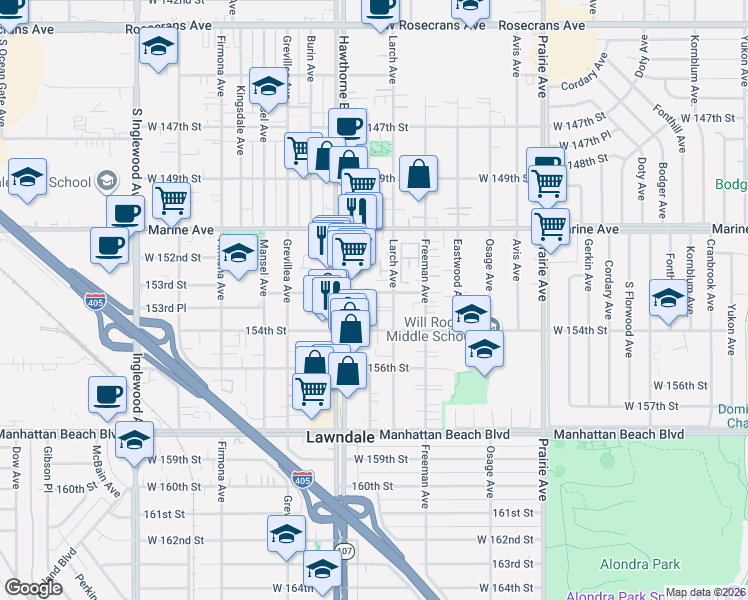 map of restaurants, bars, coffee shops, grocery stores, and more near in Lawndale