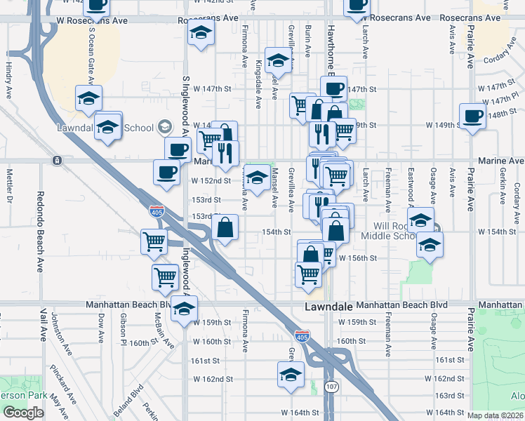 map of restaurants, bars, coffee shops, grocery stores, and more near 4535 153rd Place in Lawndale
