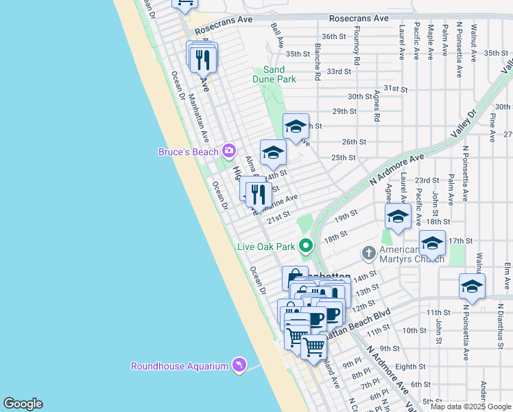 map of restaurants, bars, coffee shops, grocery stores, and more near 2213 Alma Avenue in Manhattan Beach
