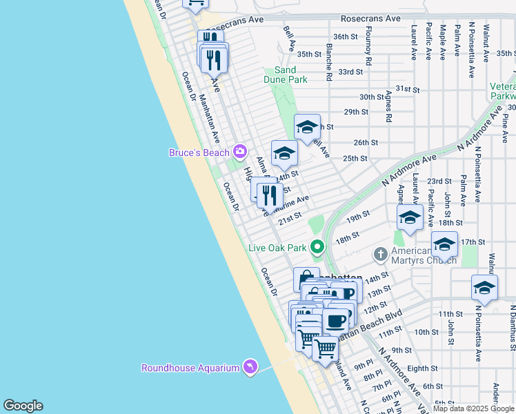 map of restaurants, bars, coffee shops, grocery stores, and more near 216 23rd Place in Manhattan Beach