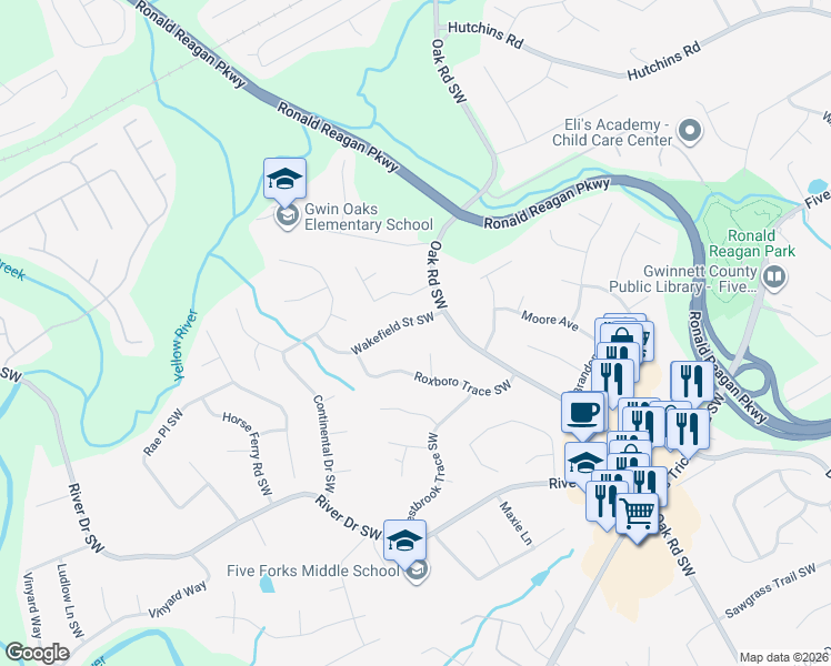 map of restaurants, bars, coffee shops, grocery stores, and more near 3119 Wakefield Street Southwest in Lawrenceville