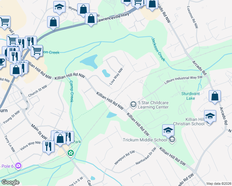 map of restaurants, bars, coffee shops, grocery stores, and more near 4516 Shelley Lane Northwest in Lilburn