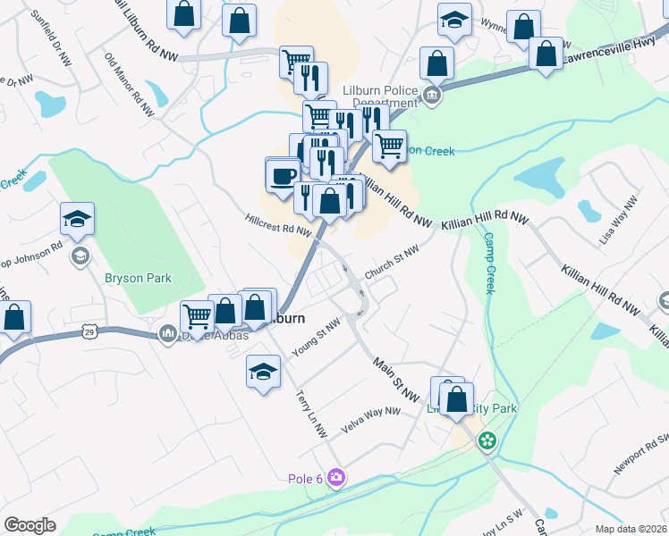 map of restaurants, bars, coffee shops, grocery stores, and more near 346 Main Street Northwest in Lilburn