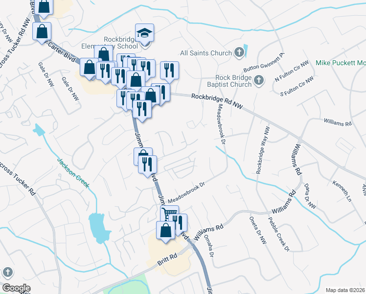map of restaurants, bars, coffee shops, grocery stores, and more near 6056 WinterGreen Road Northwest in Norcross