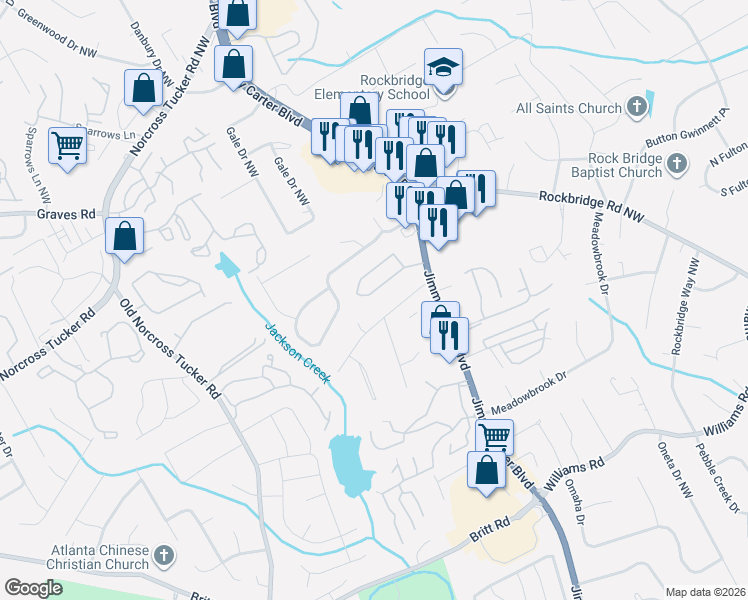 map of restaurants, bars, coffee shops, grocery stores, and more near 6302 Story Circle in Norcross
