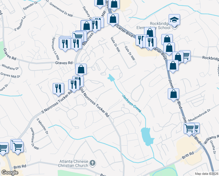 map of restaurants, bars, coffee shops, grocery stores, and more near 6345 Glenbrook Drive Northwest in Tucker