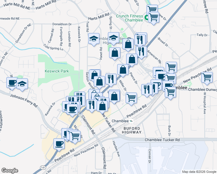 map of restaurants, bars, coffee shops, grocery stores, and more near 5220 Peachtree Boulevard in Chamblee