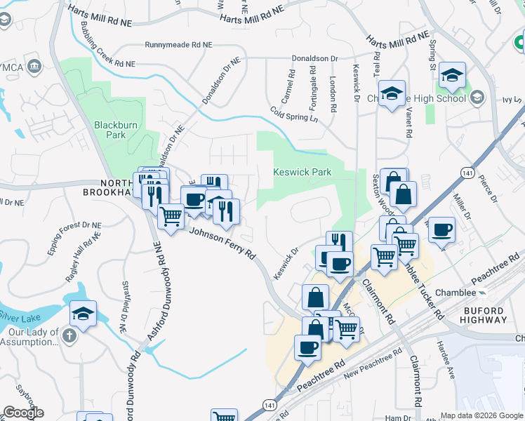 map of restaurants, bars, coffee shops, grocery stores, and more near 3457 Brookleigh Lane Northeast in Brookhaven