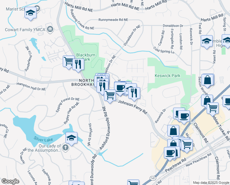 map of restaurants, bars, coffee shops, grocery stores, and more near 2188 Johnson Ferry Road Northeast in Atlanta