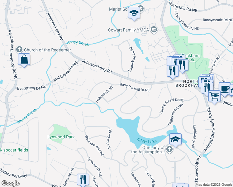 map of restaurants, bars, coffee shops, grocery stores, and more near 3454 Wynnton Drive Northeast in Atlanta