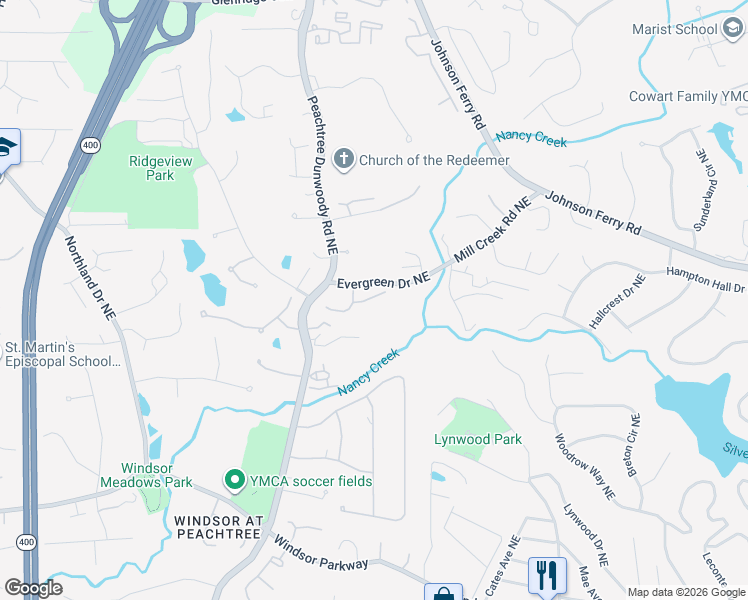map of restaurants, bars, coffee shops, grocery stores, and more near 575 Taunton Way Northeast in Atlanta